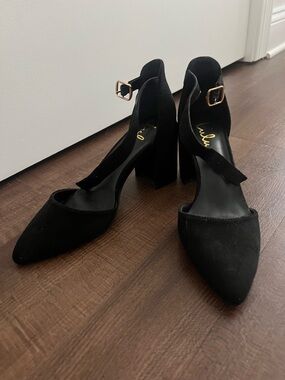 Lulu's Black Suede Pointed D'Orsay Block Heels with Gold Buckle